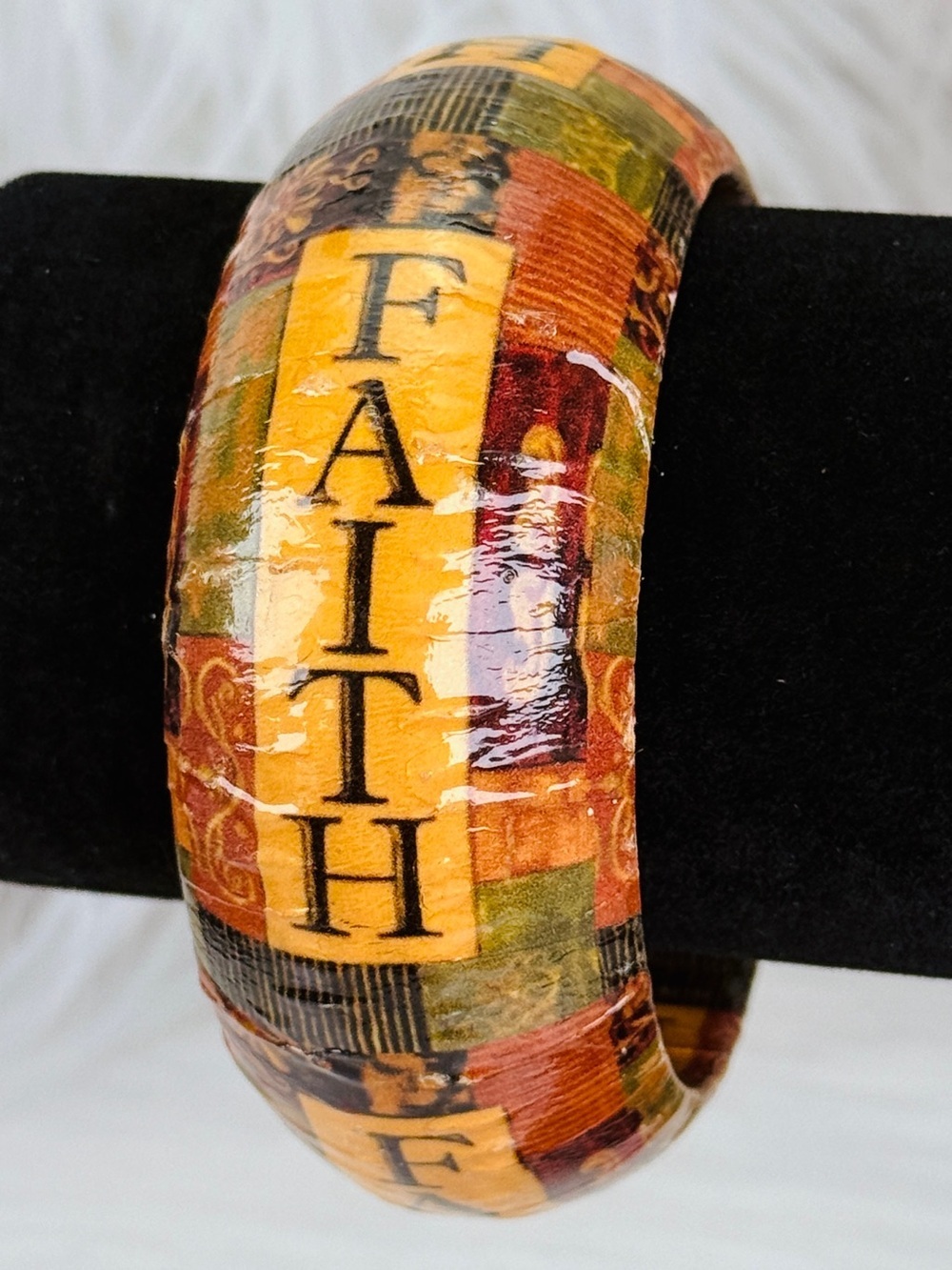 Bohemian Faith Decoupage Wide Bangle Bracelet Earth Tone Artisan